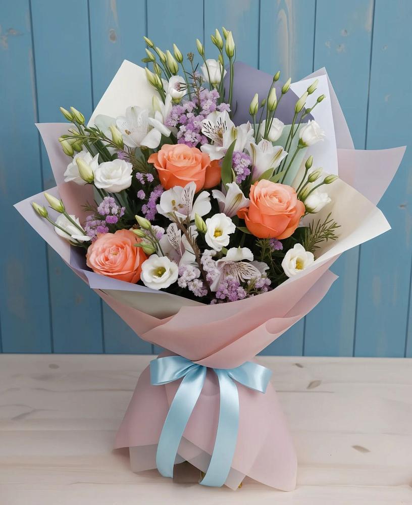 Букет цветов из: Лизиантусы, Розы, Альстромерии и Гипсофила в Григорьевское