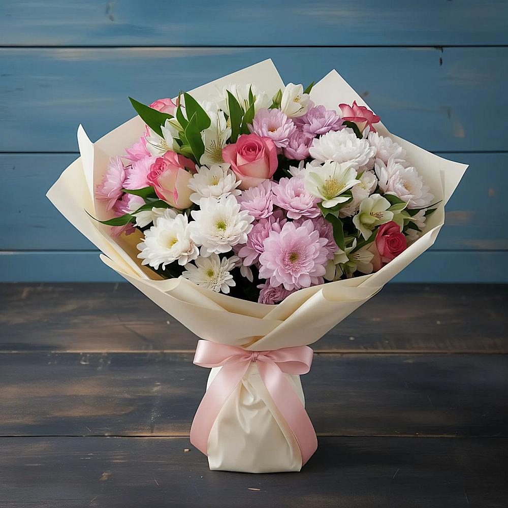 Букет цветов из: Хризантемы, Альстромерии и Розы в Григорьевское